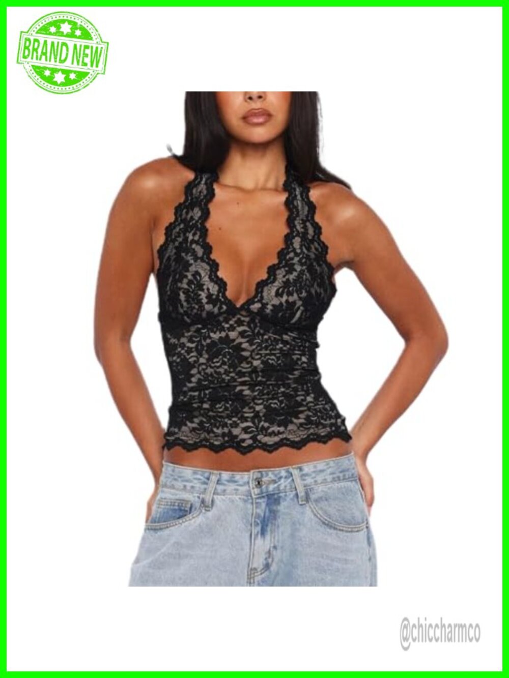 Lace Halter Crop Tank Top Sleeveless V Neck Slim Fit Sheer Mesh Backless